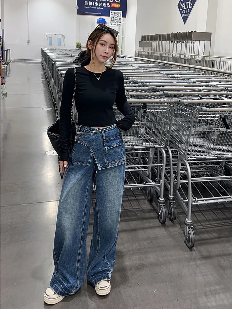 2025早秋新款韩版宽松显瘦百搭屁帘高腰时尚假两件直筒牛仔裤女裤