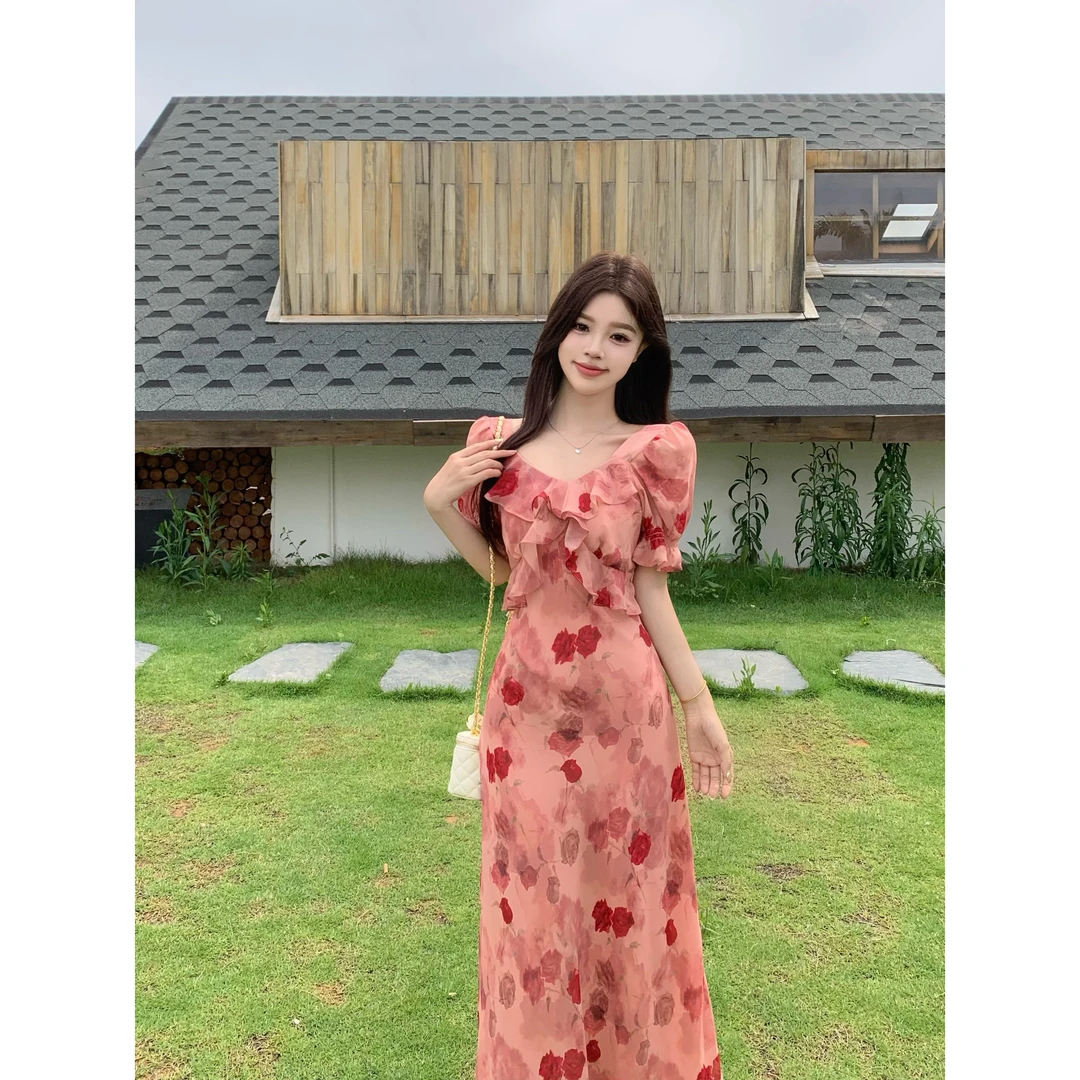 温婉小碎花甜美荷叶边显瘦优雅特调玫瑰印花中长款连衣裙