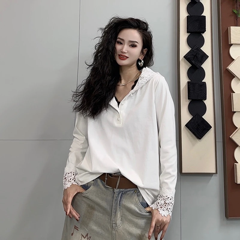 春季蕾丝连帽打底衫女士T恤2025新款纯色小众显瘦长袖上衣-25005