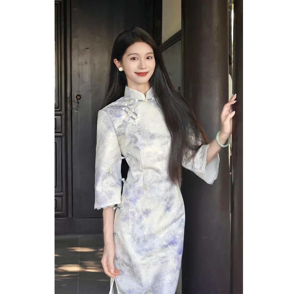画报夫人早秋新中式日常倒大袖印花国风连衣裙旗袍改良年轻款少女