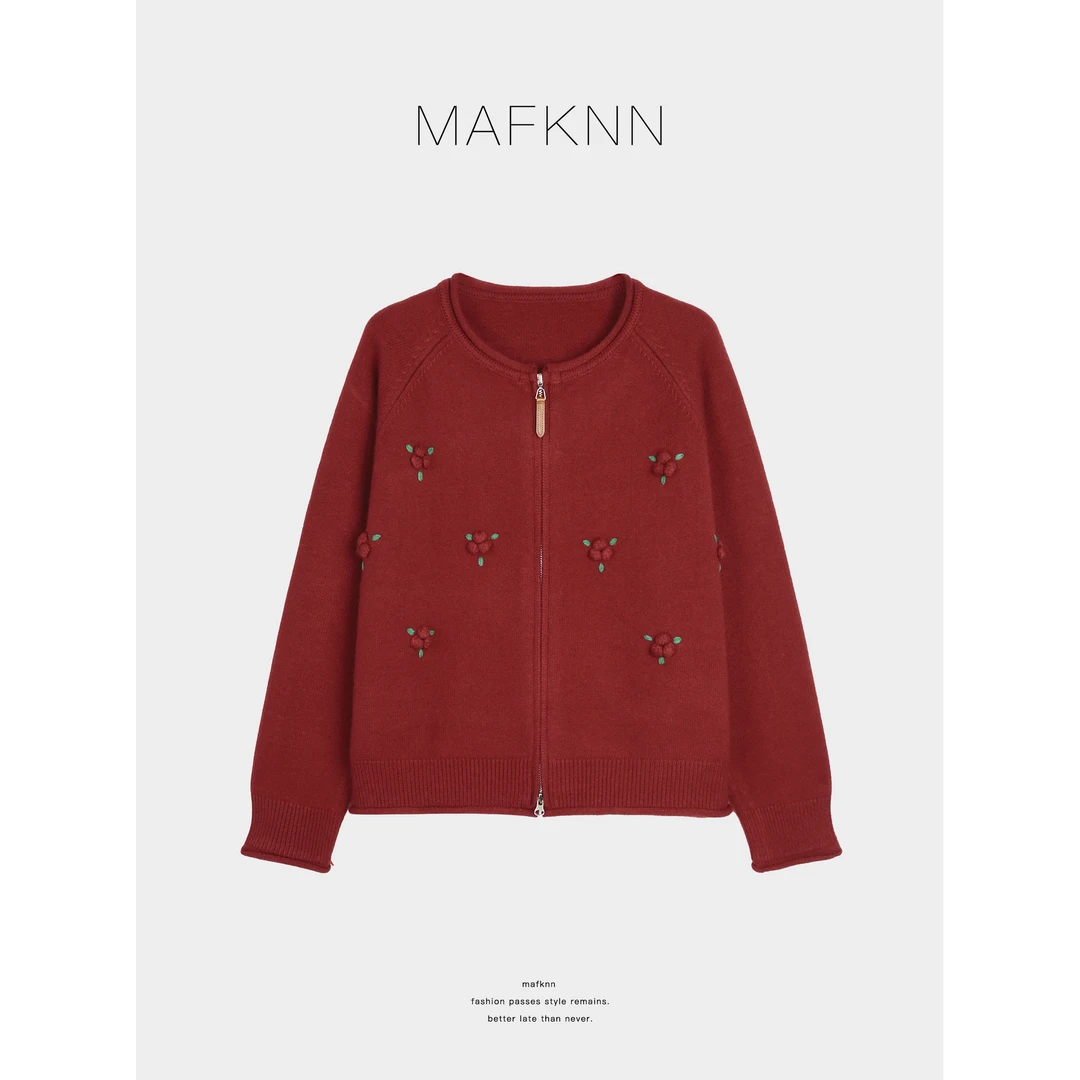 MAFKNN/玛肯时尚休闲简约纯色百搭秋冬拉链圆领毛衣MK13602