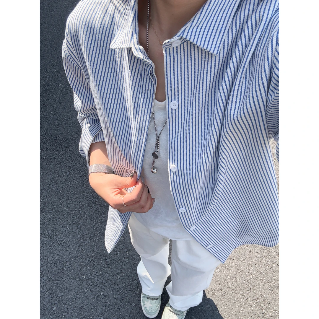 蓝白竖条纹松弛感长袖衬衫男春夏少年感寸衫休闲美式复古衬衣外套