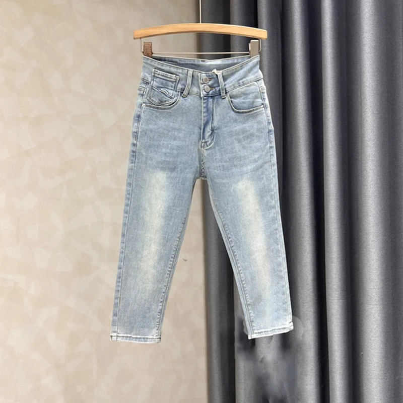 小个子夏季薄款七分铅笔裤弹力高腰小脚牛仔裤女修身浅蓝紧身显瘦