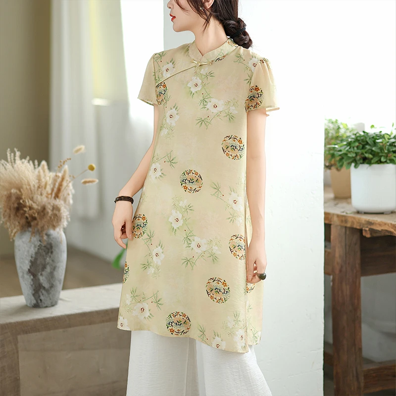 新中式国风印花显瘦上衣女2025夏季爆款短袖旗袍女年轻妈妈款上衣