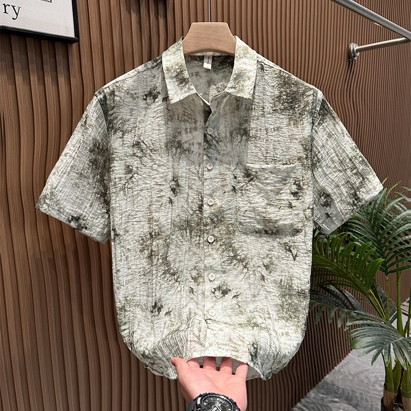 轻奢潮流印花短袖衬衫男夏季薄款舒适透气时尚百搭休闲宽松上衣潮