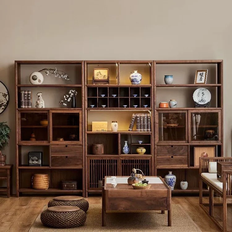 榆木博古架新中式展示柜书架茶叶实木置物架茶室架子多宝阁