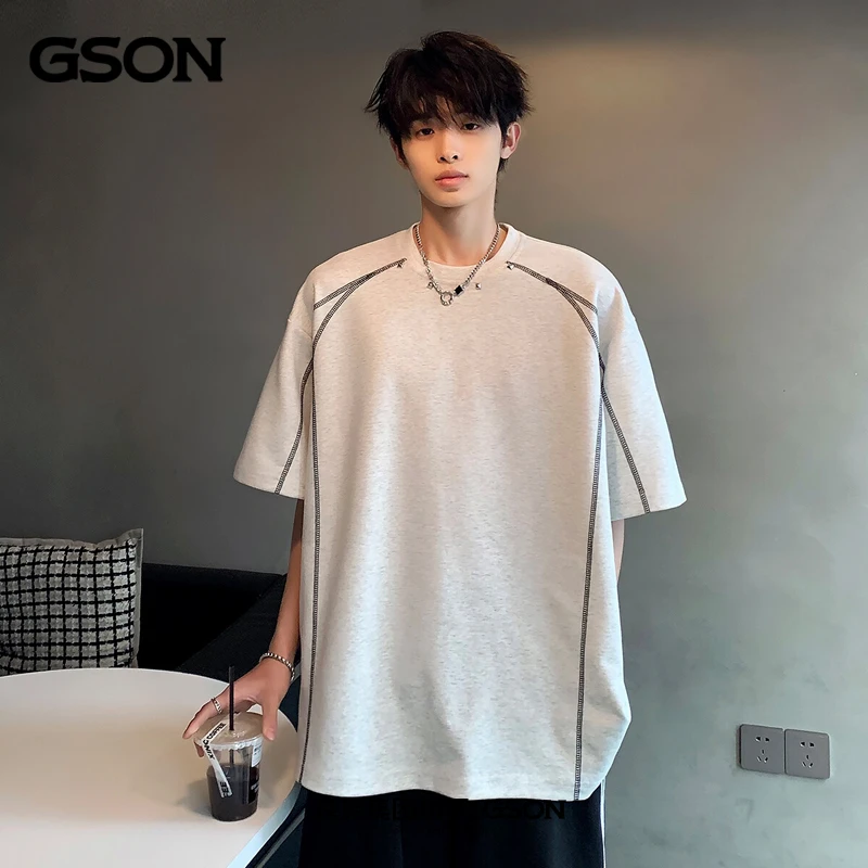 GSON/GSON辑明线铆钉重磅短袖t恤男美式高街潮牌宽松圆领半袖体恤