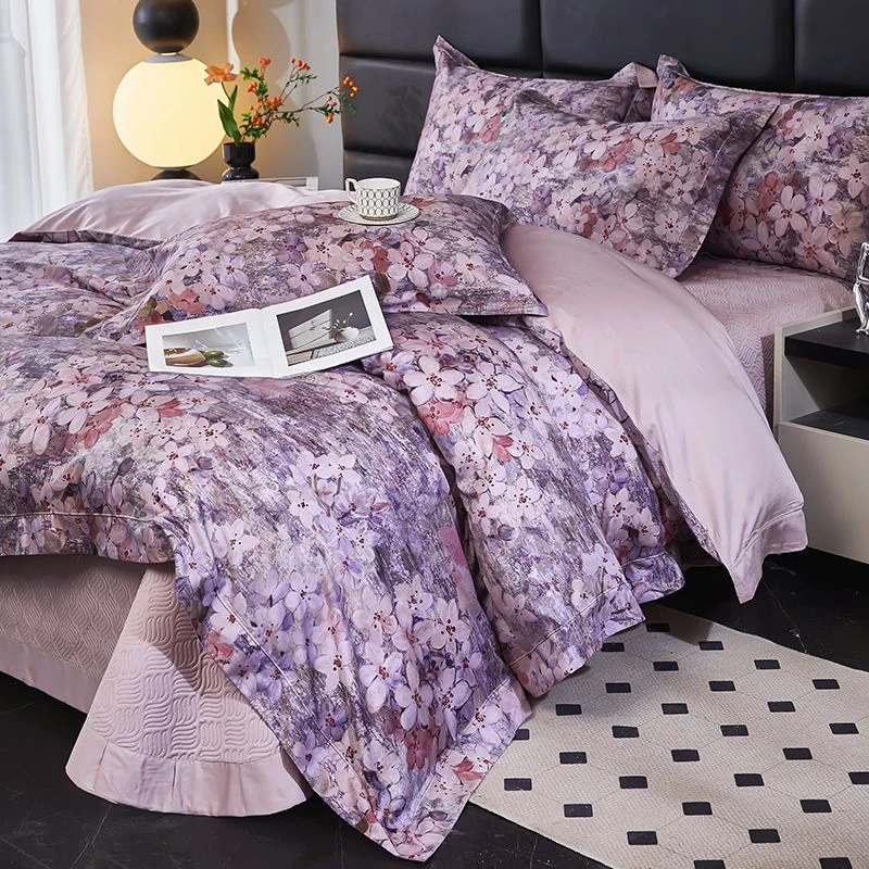 老宋精选- 新款天丝棉【梵克花园-紫】天丝棉印花 轻奢四件套-1313