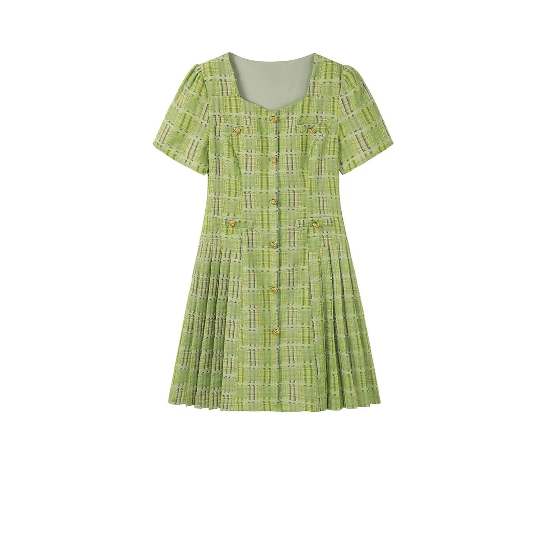 【现货晚上发】大码女装时尚复古方领格纹短袖百褶连衣裙子