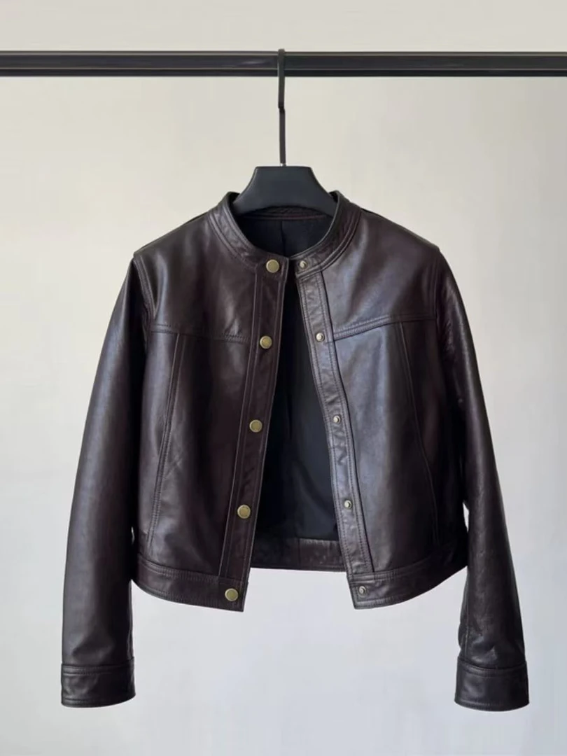芊2025年秋季油蜡皮新款皮衣女短款单排扣立领外套