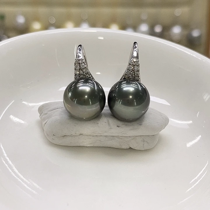 银S925镶嵌耳饰海水珍珠大溪地10-11mm