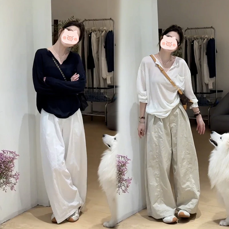 2025新款穿搭一整套高级感薄款长袖T恤宽松慵懒风休闲阔腿裤套装