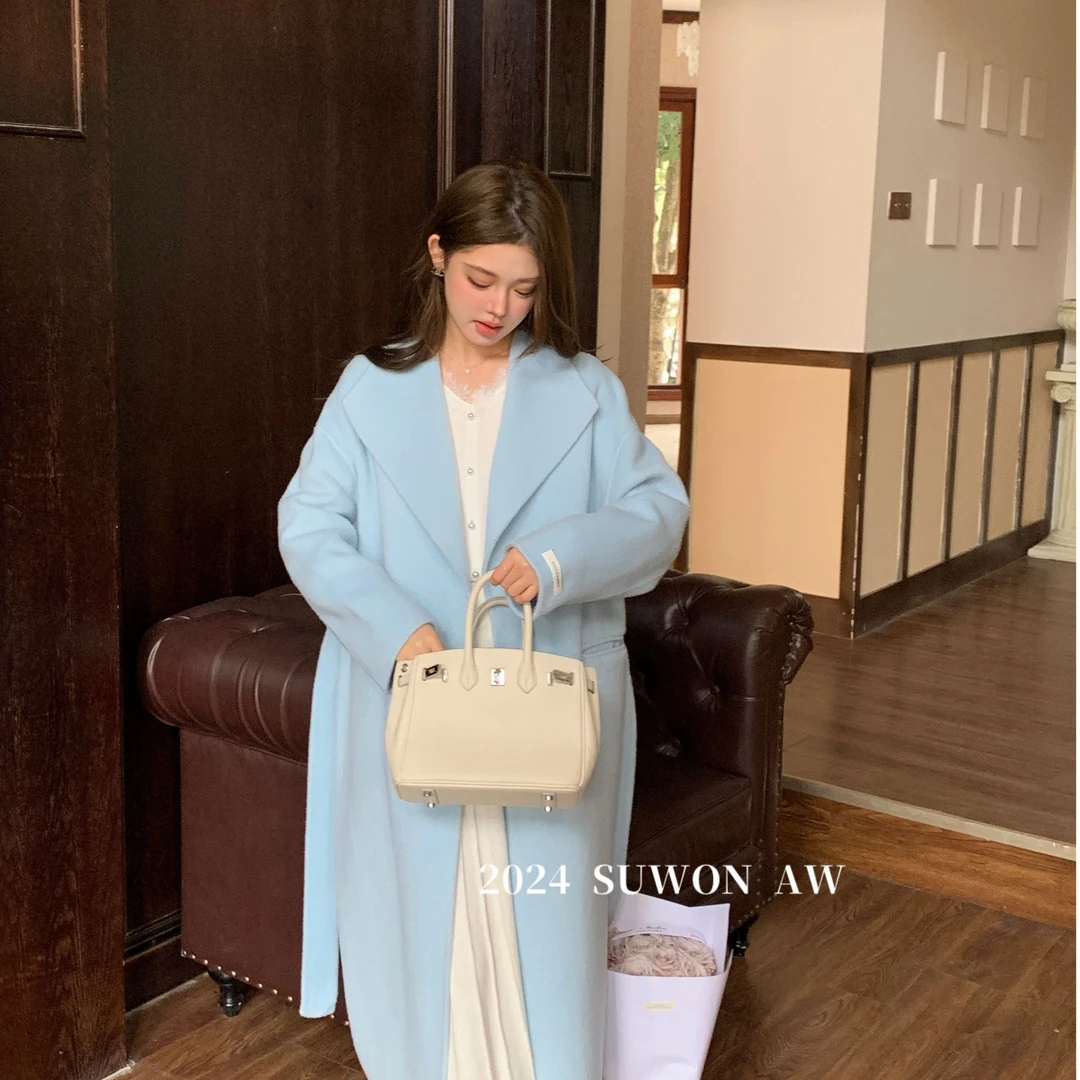 冬季新款温柔系双面呢翻领羊毛大衣中长款系带开衫羊毛外套0716