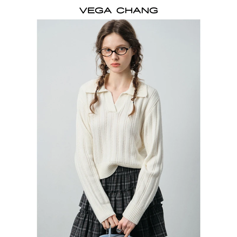 VEGA CHANG针织衫女2025新款秋季老钱polo领简约高级感套头毛衣