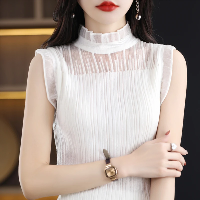 精纺羊毛女士蕾丝无袖背心时尚百搭