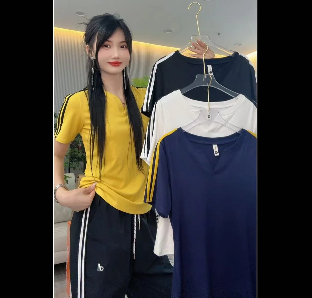 雅希定制~【宛如新生】2587小V领三道杠洋气短袖修身显瘦T恤