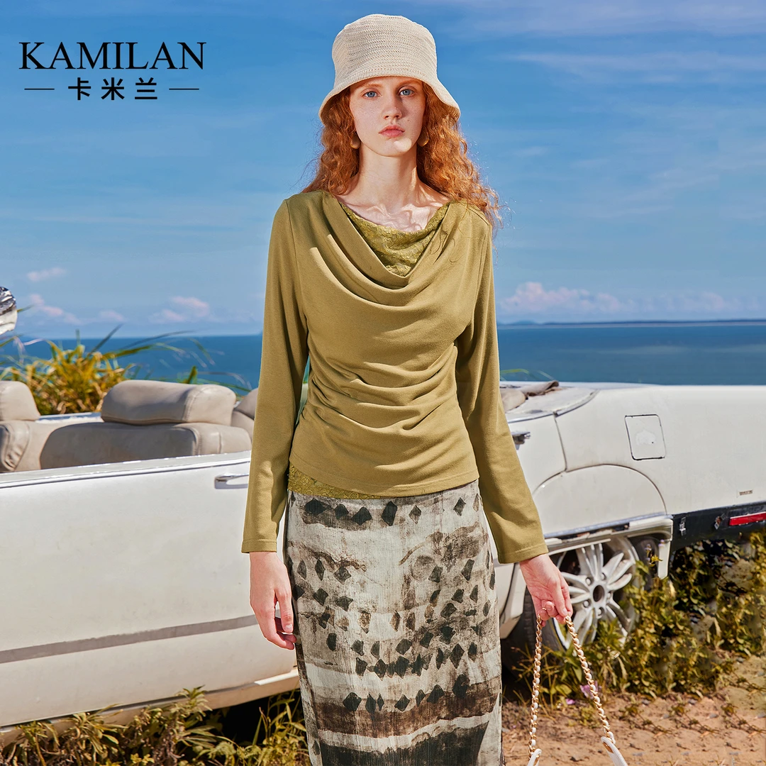 卡米兰圆领拼接修身女士针织衫2025秋季新款流行长袖设计感上衣