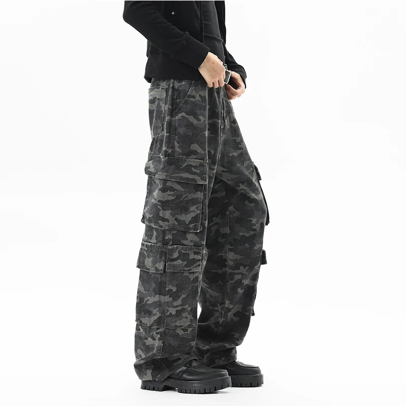 美式复古迷彩工装裤男秋季高街vibe休闲阔腿长裤潮牌百搭直筒裤子