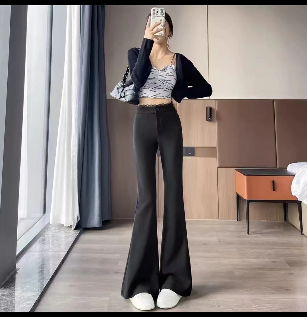 蕾丝拼接喇叭裤女高腰显瘦垂感微喇裤弹力时尚拖地裤