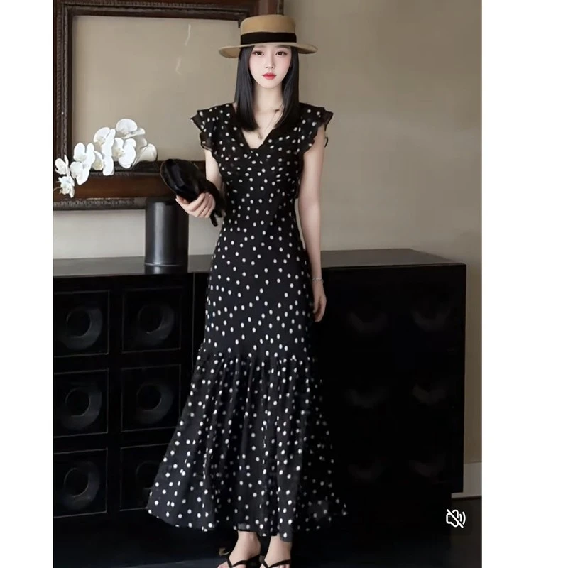 夏季新款法式复古气质波点领连衣裙女款时法式秋冬波点连衣裙