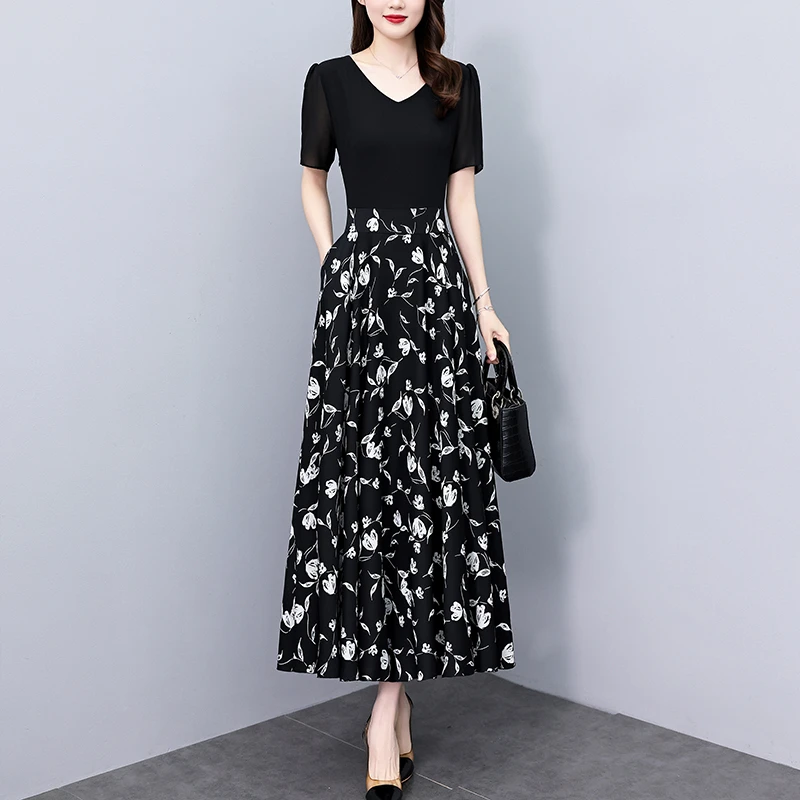有口袋碎花拼接假两件真丝连衣裙2025新款夏季长款修身显瘦长裙子
