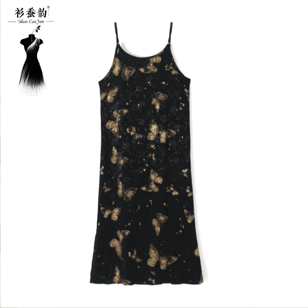 [金蝶]重磅设计桑丝老料吊带连衣裙裤子时尚女士长款提花无袖气质