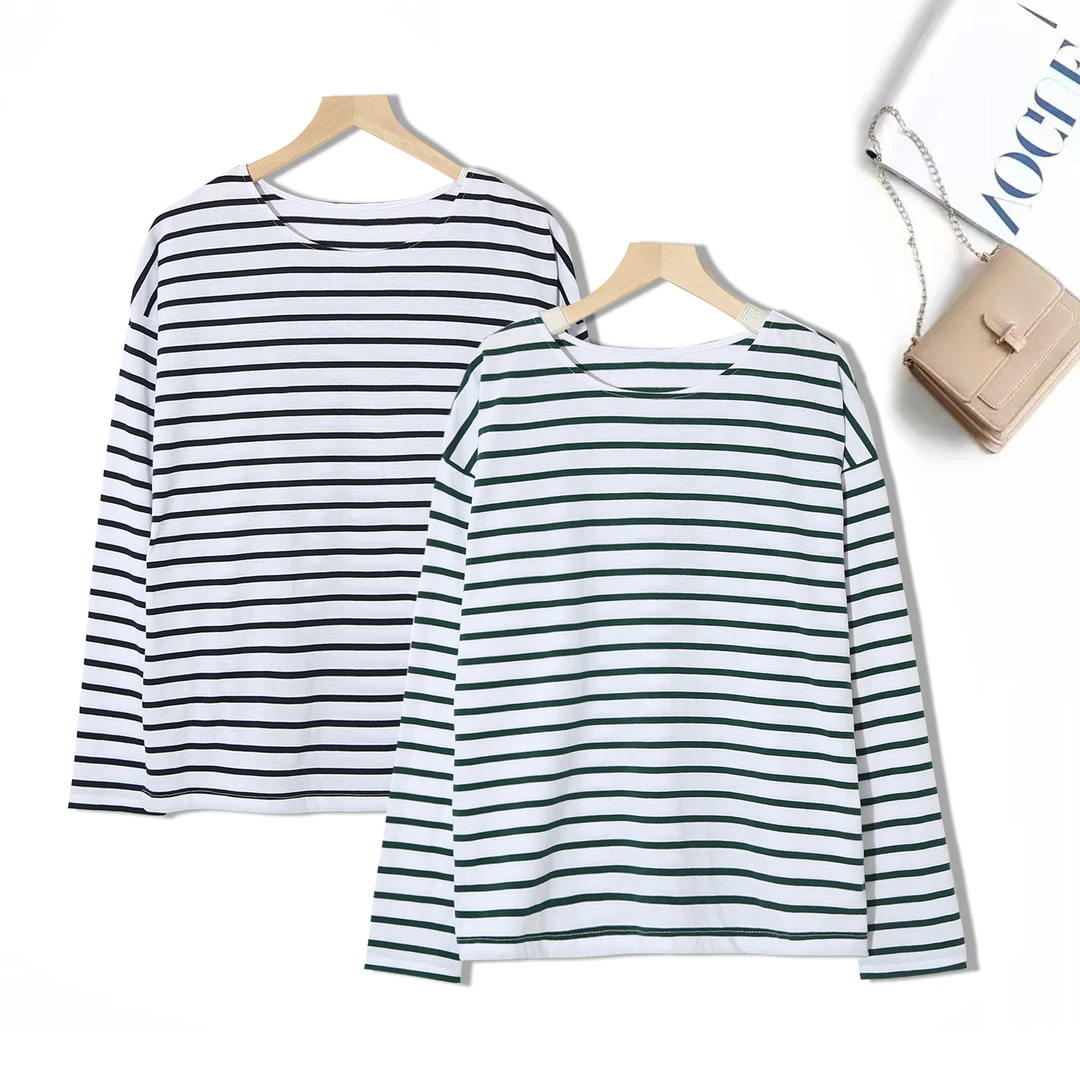 女士时尚春秋百搭设计感经典条纹套头韩系百搭爆款圆领T恤P-2G340