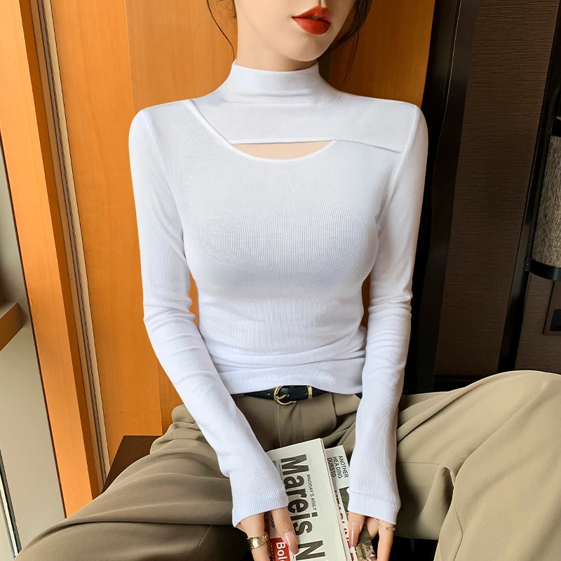 半高领打底衫女内搭2025新款秋冬修身长袖高级感时髦时尚镂空上衣