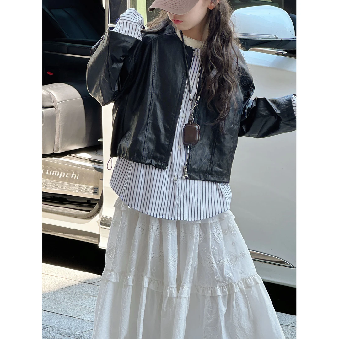 K29747孙小美条纹拼接女童皮衣外套2025秋装新款儿童夹克春秋上衣