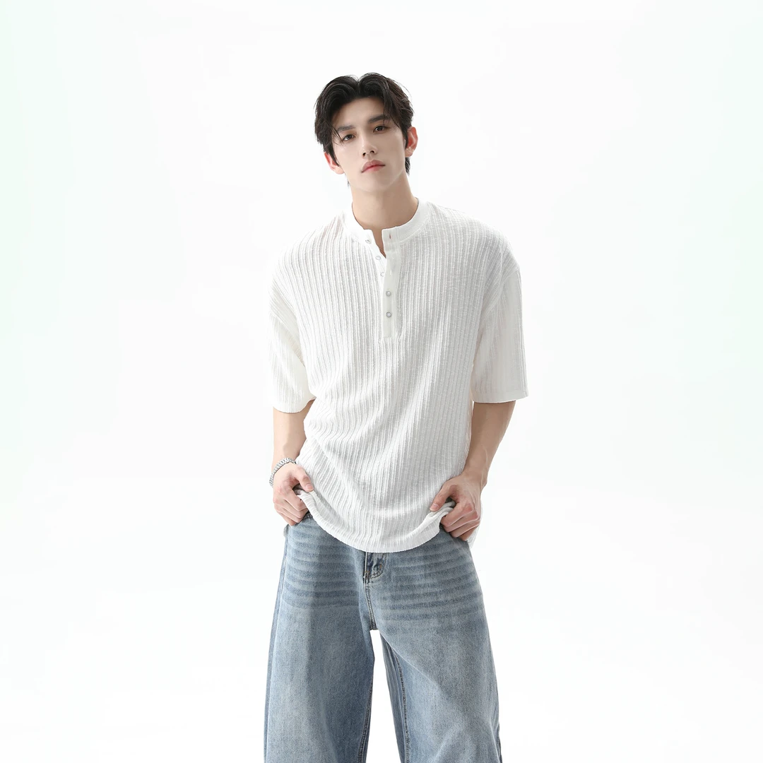 TURNTIDE 小众简约亨利领短袖T恤夏季坑条肌理感百搭休闲半袖上衣