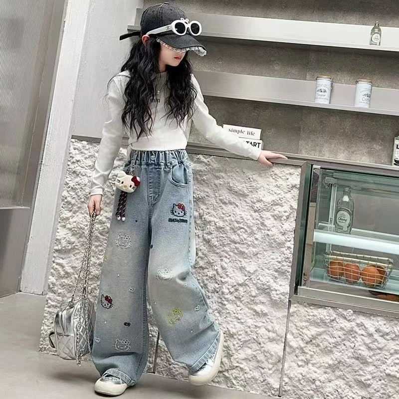 女童牛仔裤春秋款2025新款洋气儿童春季中大童阔腿裤卡通春装裤子