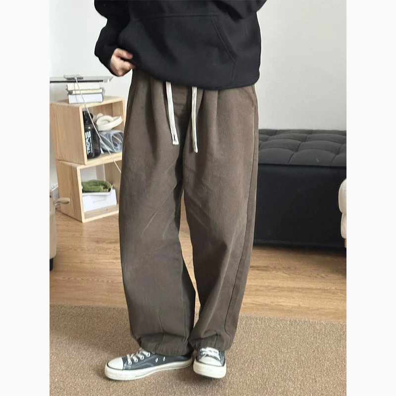 日系慵懒风棕色打褶纯棉工装裤直筒宽松oversize裤子设计感休闲裤