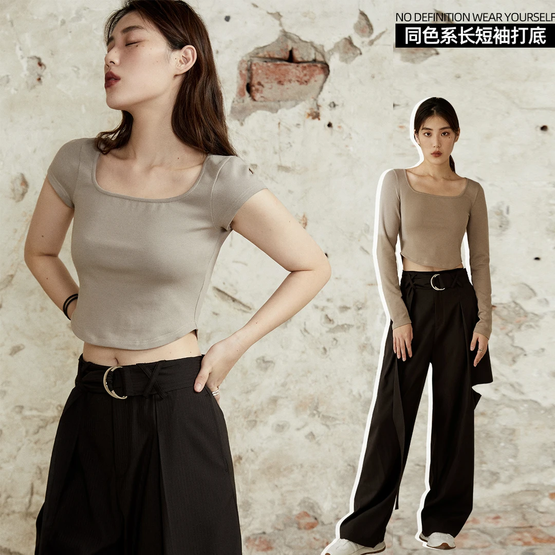 晶咕JGGU 纯色磨毛T恤设计上衣百搭打底显瘦内搭JGTM202207049