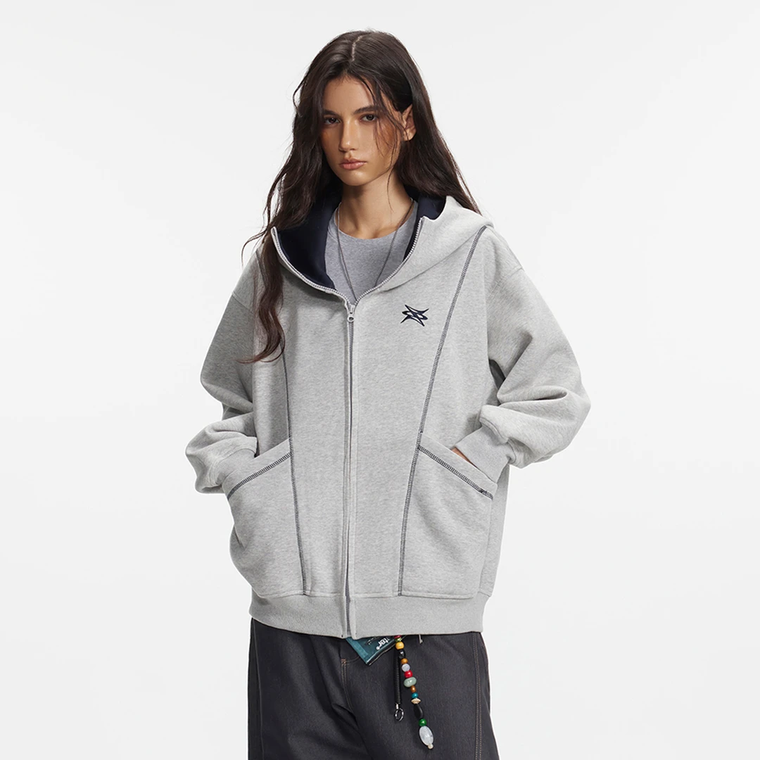 ZEXO美式重磅学院风撞色分割哈苏线刺绣连帽开衫卫衣外套ZE2545