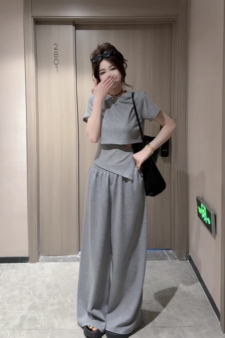 【CCDZ】夏季新品时尚设计感不规则腰封短上衣+阔腿裤两件套套装女
