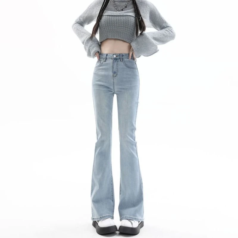 浅色系喇叭裤高腰显瘦2025春夏直筒牛仔裤女修身弹力微喇叭裤子