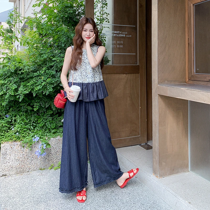 巨好看碎花拼接牛仔背心阔腿裤两件套女2025夏季韩系复古气质套装