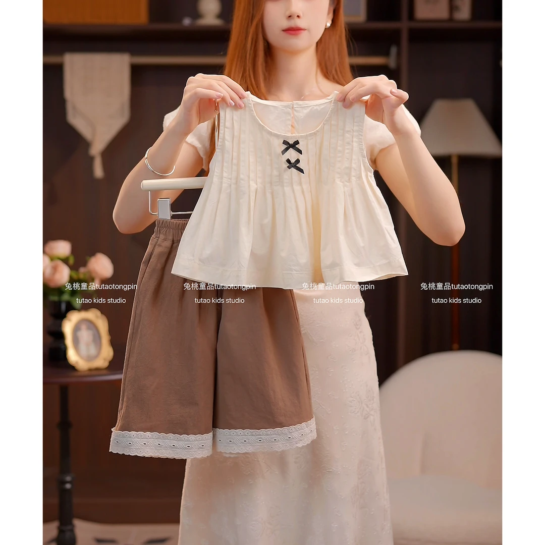 女童2025夏季新款甜美蝴蝶结森系休闲田园无袖上衣+直筒裤两件套