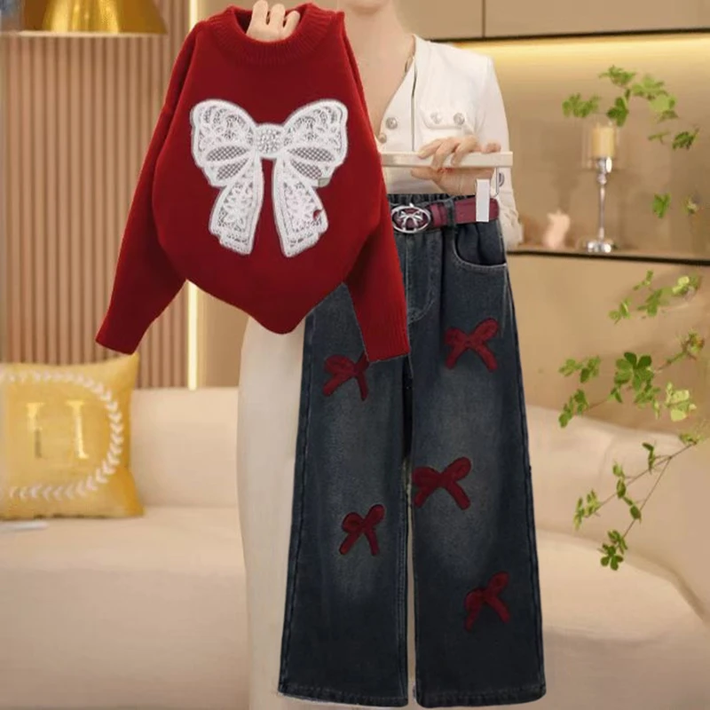 女童秋季2025新款时尚韩系女宝洋气红毛衣中大童时髦牛仔裤套装潮