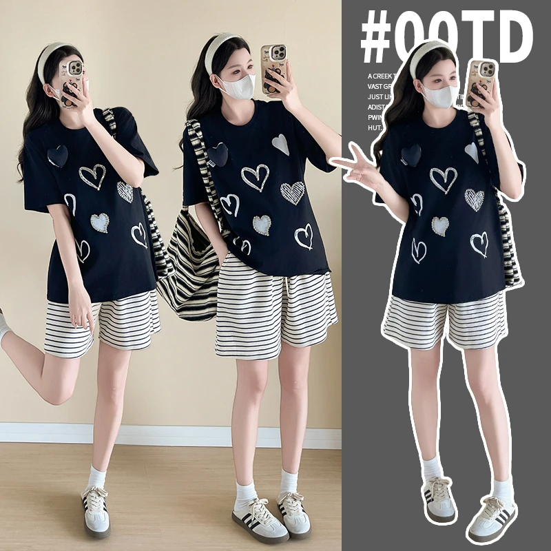 潮流简约孕妇装夏季新款洋气爱心烫钻重工设计感上衣宽松百搭短裤
