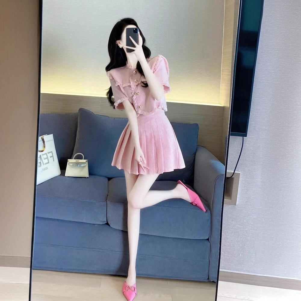 粉色小香风套装女夏2025新款高级感气质名媛甜美a字百褶裙两件套