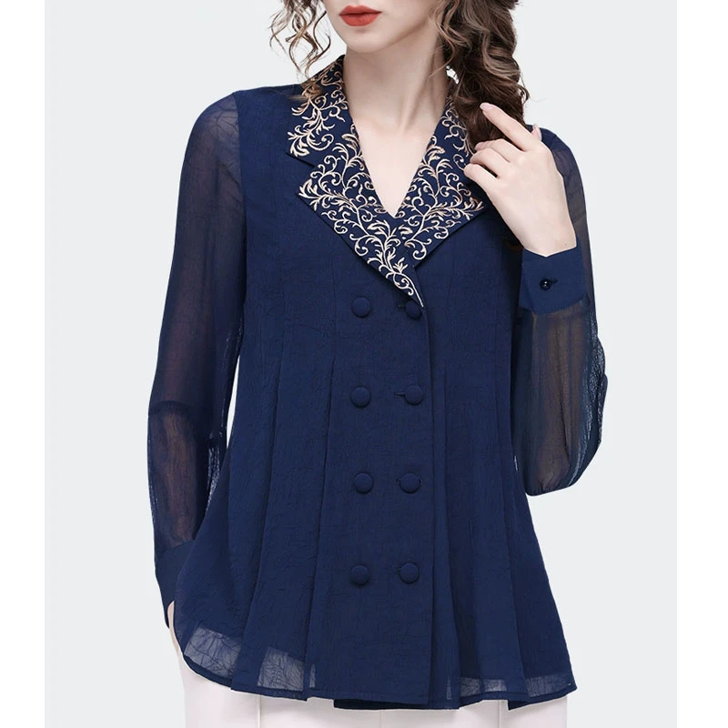 5525高端轻奢大码显瘦上衣2025新款气质西装领小外套长袖T恤衬衫