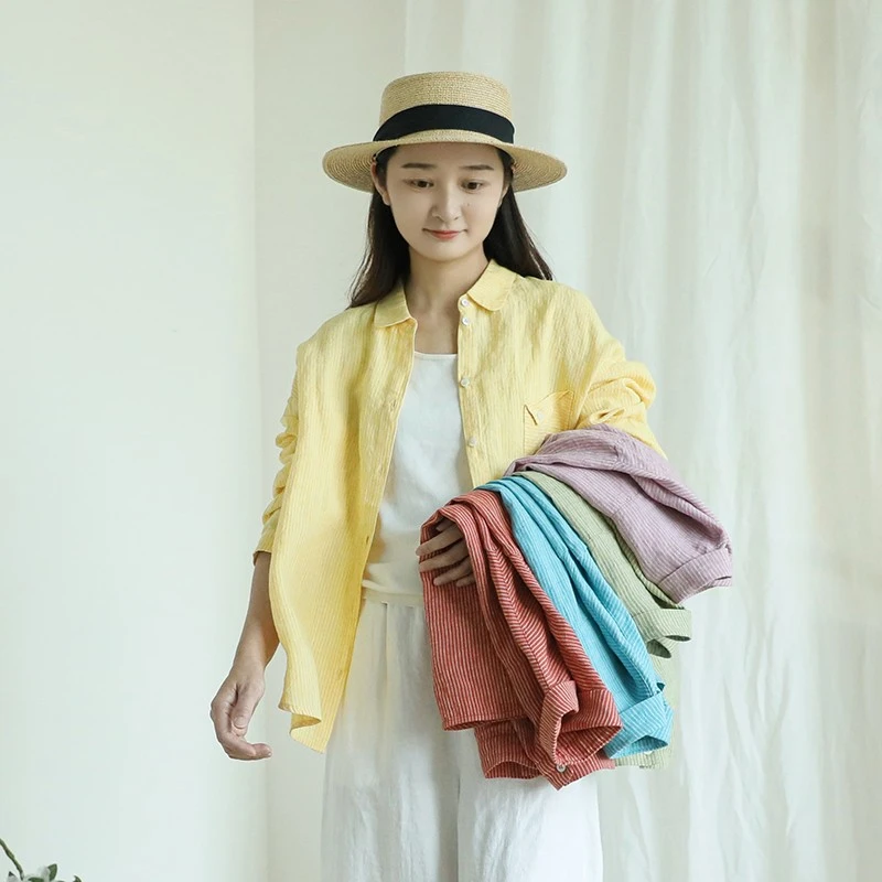 尘染宽松减龄上衣女2025新款爆款亚麻休闲薄款长袖POLO领条纹衬衫