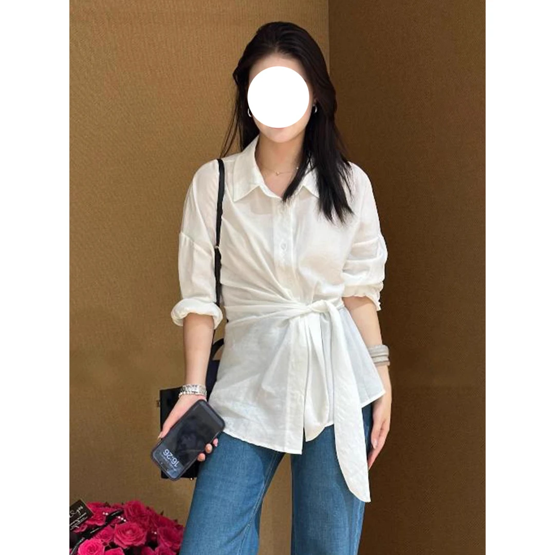 韩系百搭修身显腰细翻领衬衫女2025早秋新款长袖衬衣绑带收腰上衣