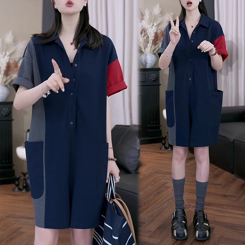 夏季时尚穿搭连体裤宽松遮肉松弛感翻领拼色设计感显瘦连体衣服