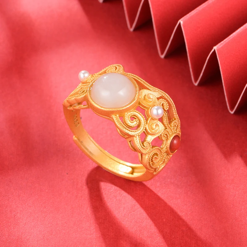 和田玉宫廷S925银镶戒指