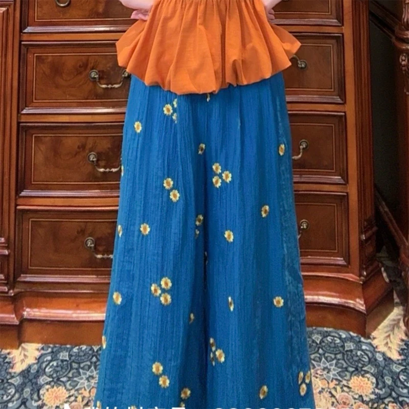 现货【一生罗曼】法式复古设计感刺绣提花后腰松紧多巴胺长裤K684