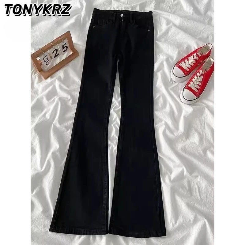 TONYKRZ黑色柳叶弯刀微喇牛仔裤男高街vibe修身显高显瘦窄版长裤