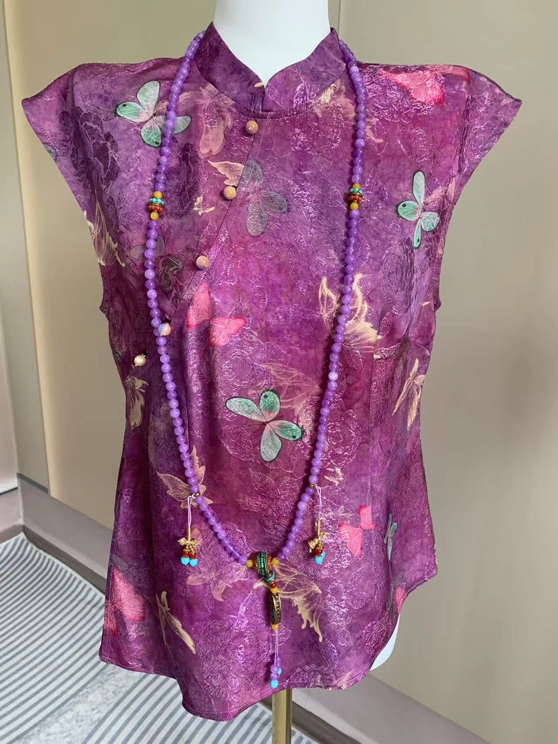 九月  紫色蝴蝶   新款提花新中式夏季常规款女士复古飞飞袖常规