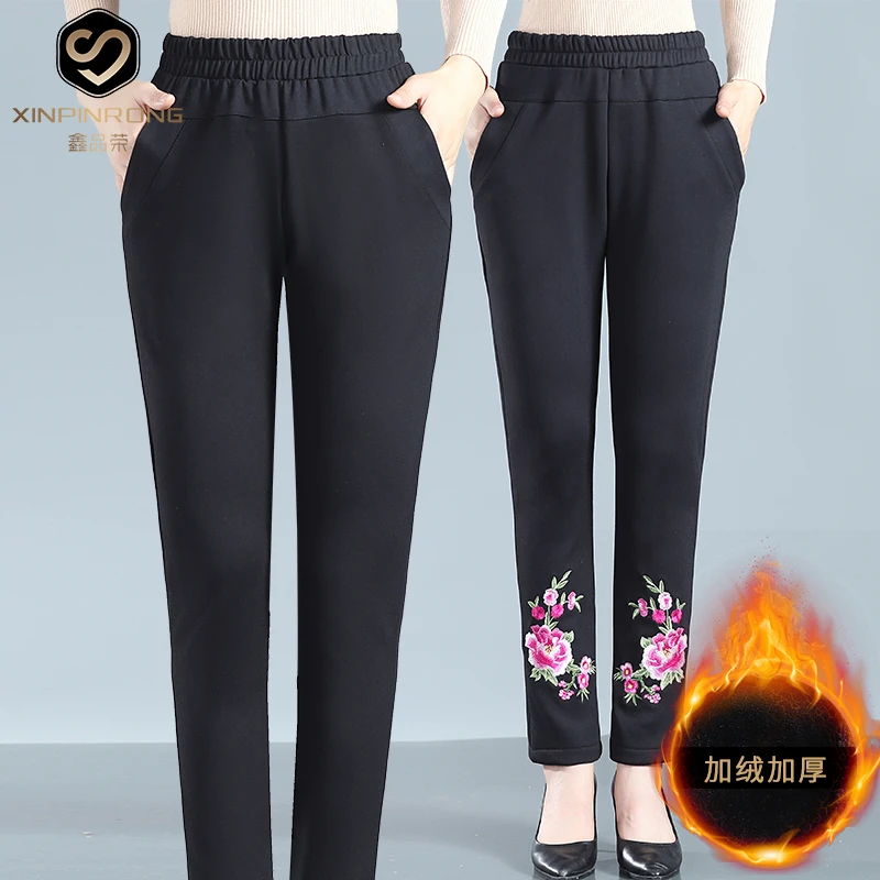 200斤胖妈妈装春秋装加绒加厚长裤子中老年女装加肥加大绣花裤子
